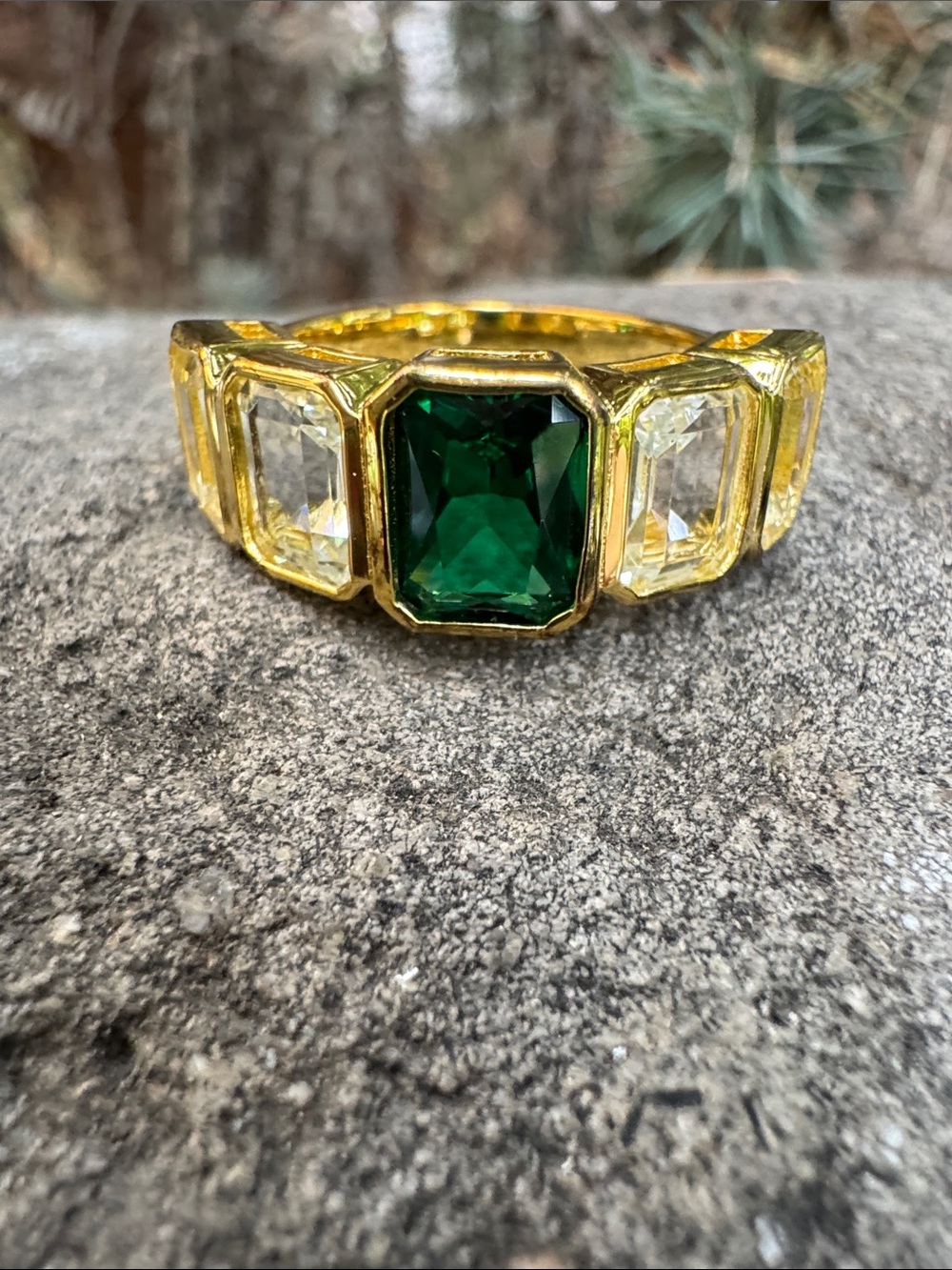 Sundance Gold-Tone Ring with Deep Green Center and Clear Side Stones